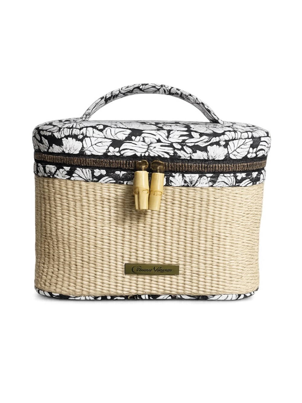 NWT Revive Vintage Woven Straw Makeup Train Case Tropical Travel Cosmetic Bag